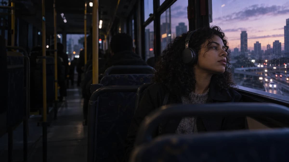 Pessoa de fones olhando a cidade pela janela do ônibus ao amanhecer