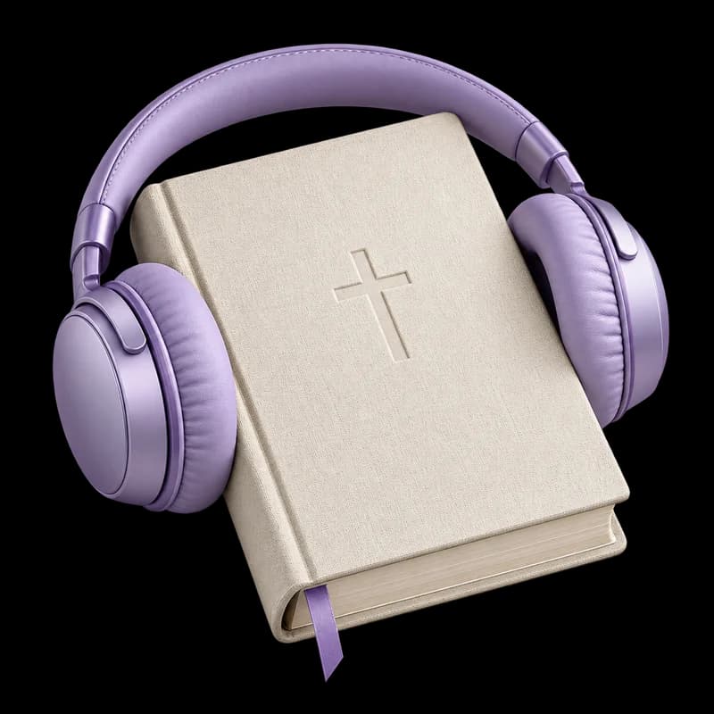 Fones lilás envolvendo uma Bíblia, representando música e fé